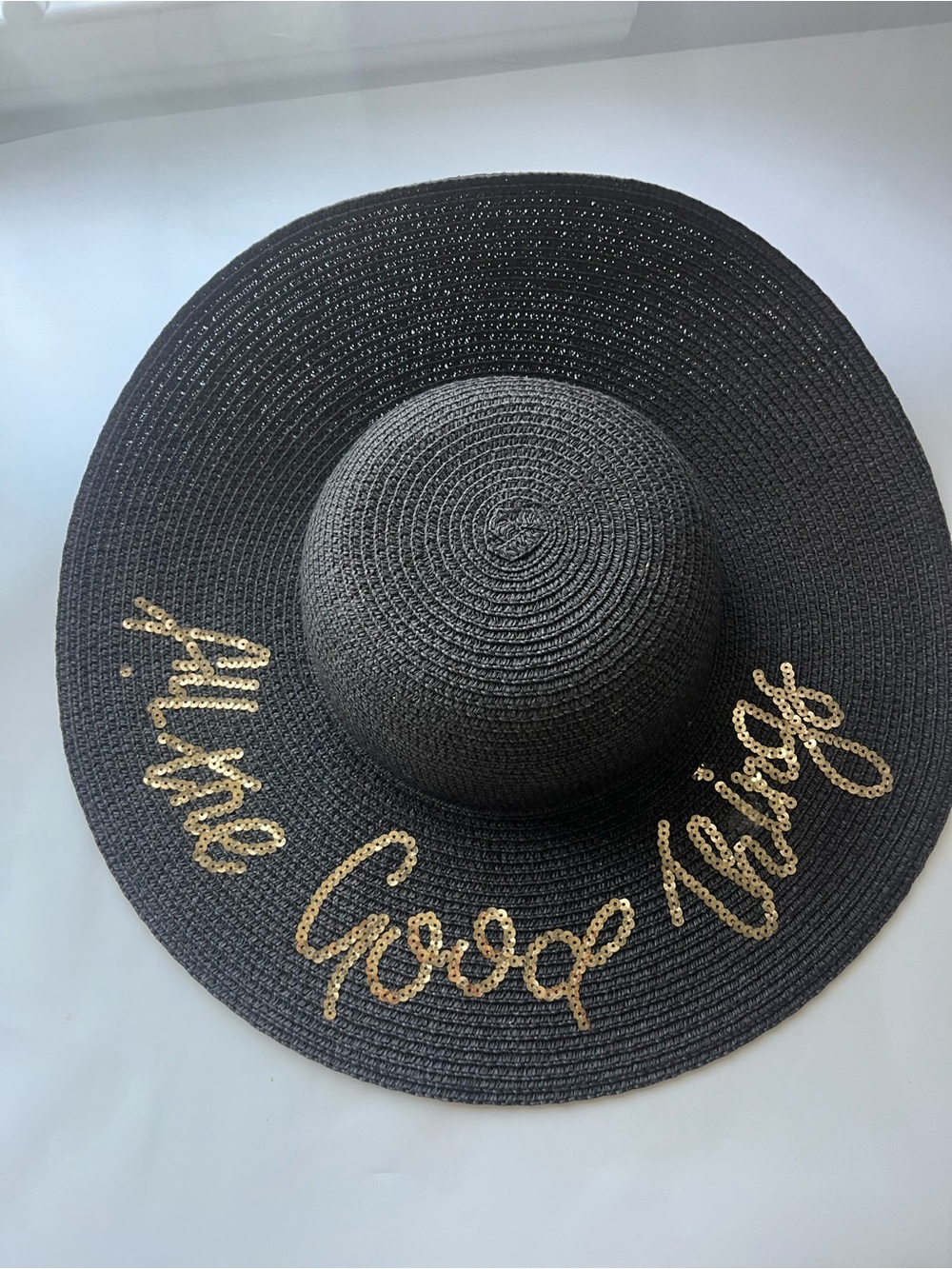 Gold Script Black Wide-Brim Sun Hat - Women Accessories